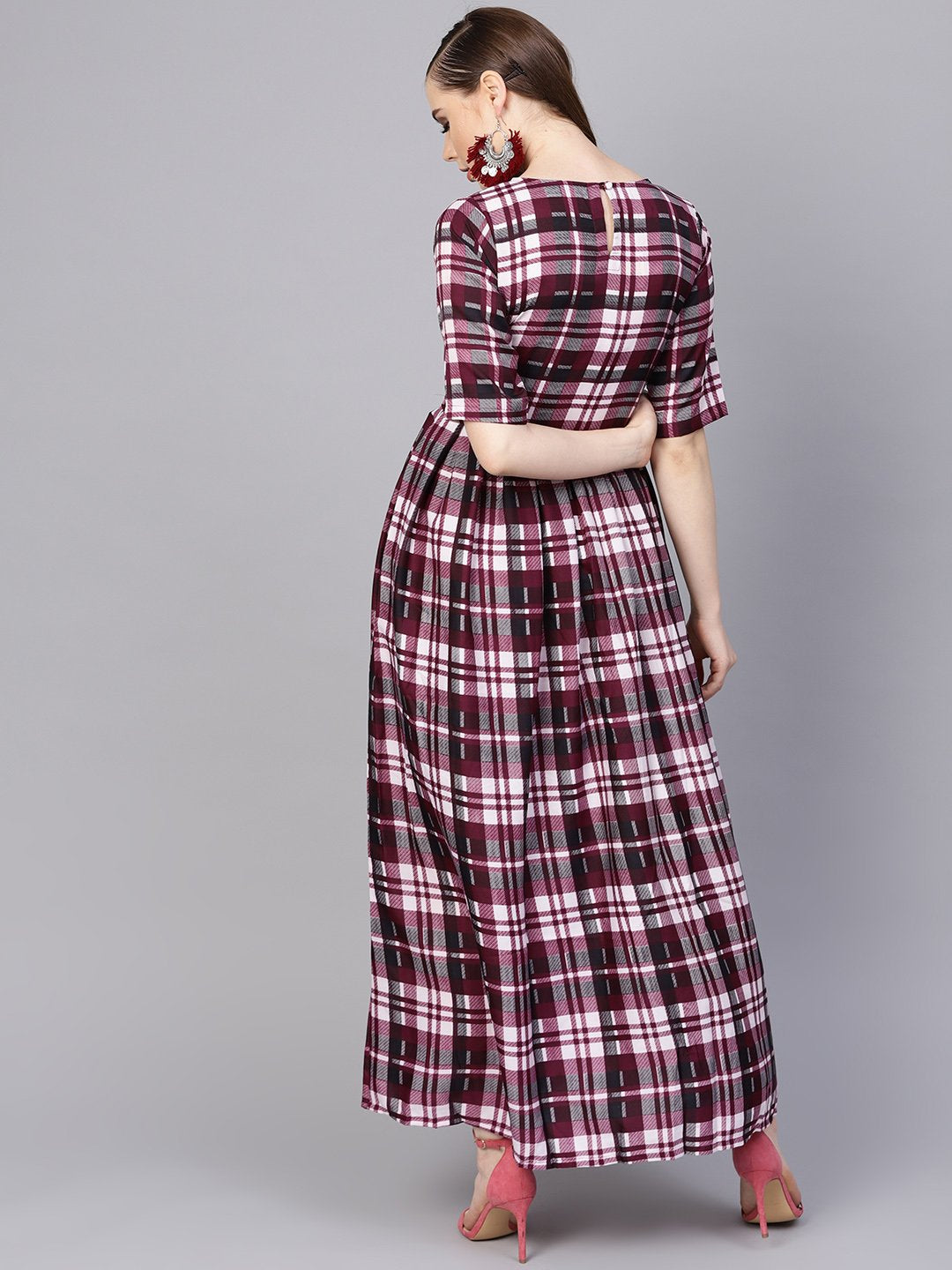 Purple Check Printed Half Sleeve Maxi Dress | LASVINI - Redefining Indian Fashion with Elegance