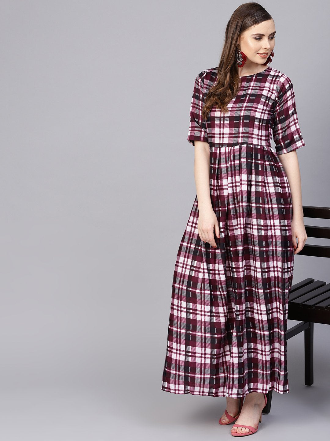 Purple Check Printed Half Sleeve Maxi Dress | LASVINI - Redefining Indian Fashion with Elegance