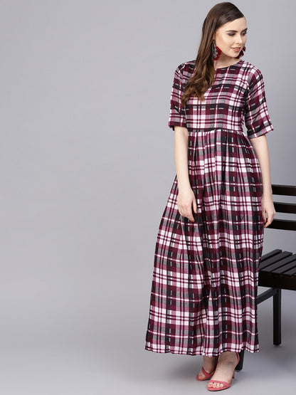 Purple Check Printed Half Sleeve Maxi Dress | LASVINI - Redefining Indian Fashion with Elegance
