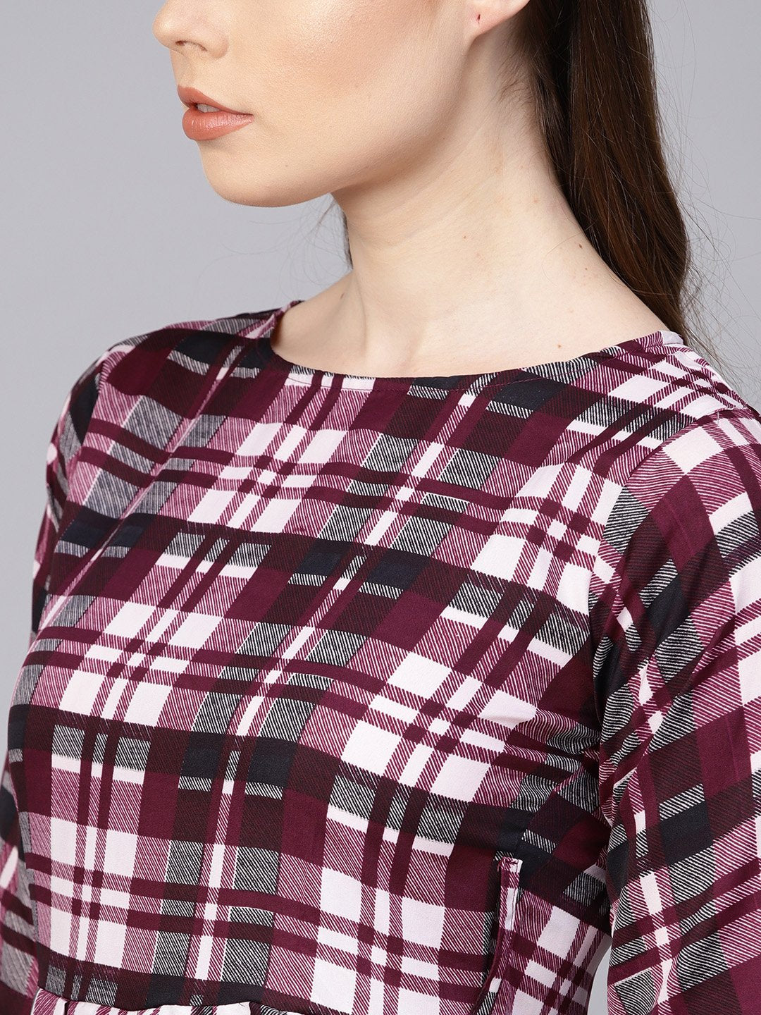 Purple Check Printed Half Sleeve Maxi Dress | LASVINI - Redefining Indian Fashion with Elegance