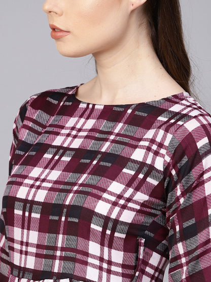 Purple Check Printed Half Sleeve Maxi Dress | LASVINI - Redefining Indian Fashion with Elegance