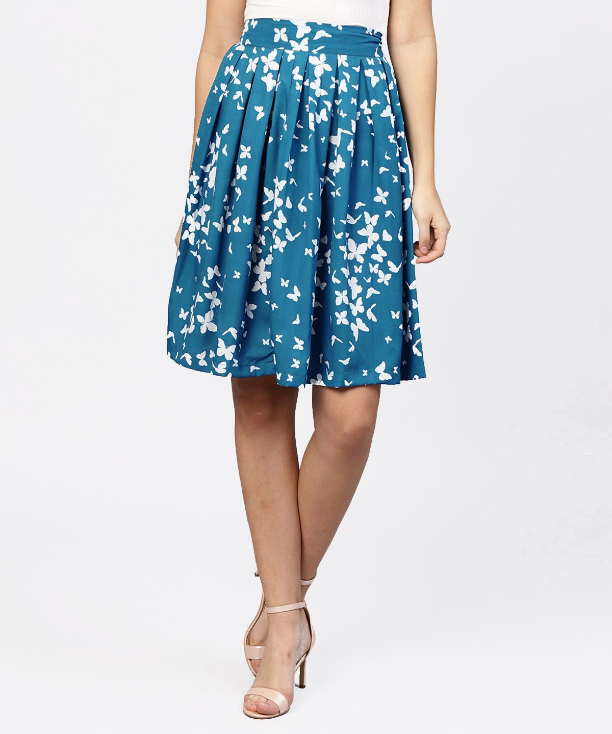 Blue Butterfly Printed Box Pleated Skirt | LASVINI - Redefining Indian Fashion with Elegance