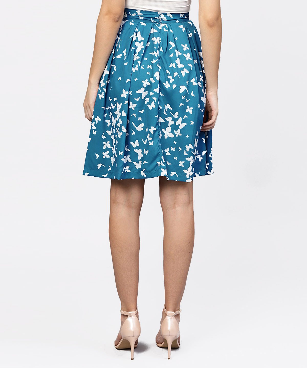 Blue Butterfly Printed Box Pleated Skirt | LASVINI - Redefining Indian Fashion with Elegance