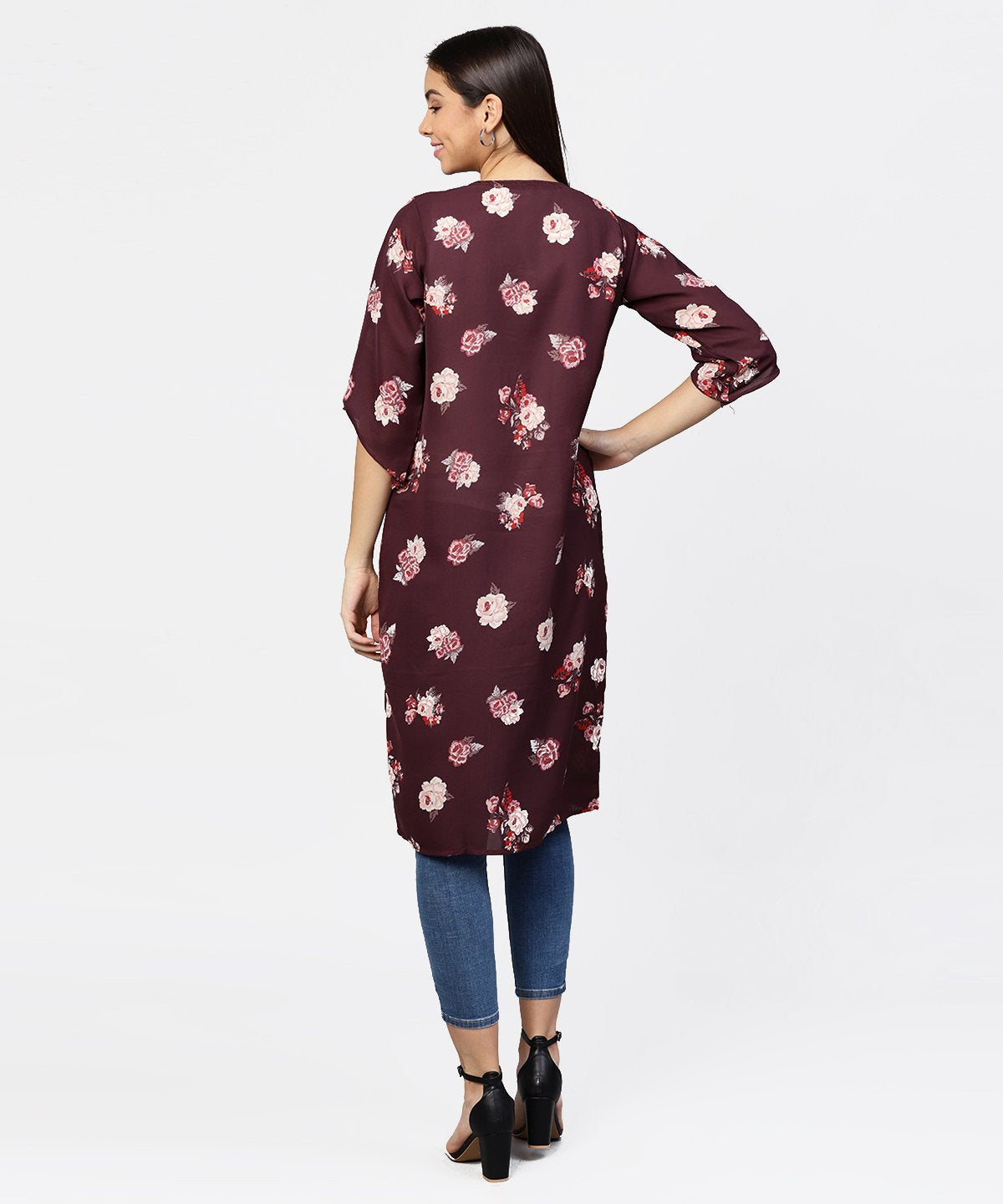 Solid V-Neck Cream Top With Floral Printed Loose-Fit 3/4Th Sleeves Open Style Cape | LASVINI - Redefining Indian Fashion with Elegance