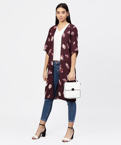 Solid V-Neck Cream Top With Floral Printed Loose-Fit 3/4Th Sleeves Open Style Cape | LASVINI - Redefining Indian Fashion with Elegance