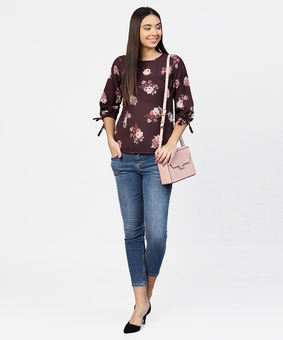 Round Neck Floral Printed 3/4Th Sleeves Top | LASVINI - Redefining Indian Fashion with Elegance