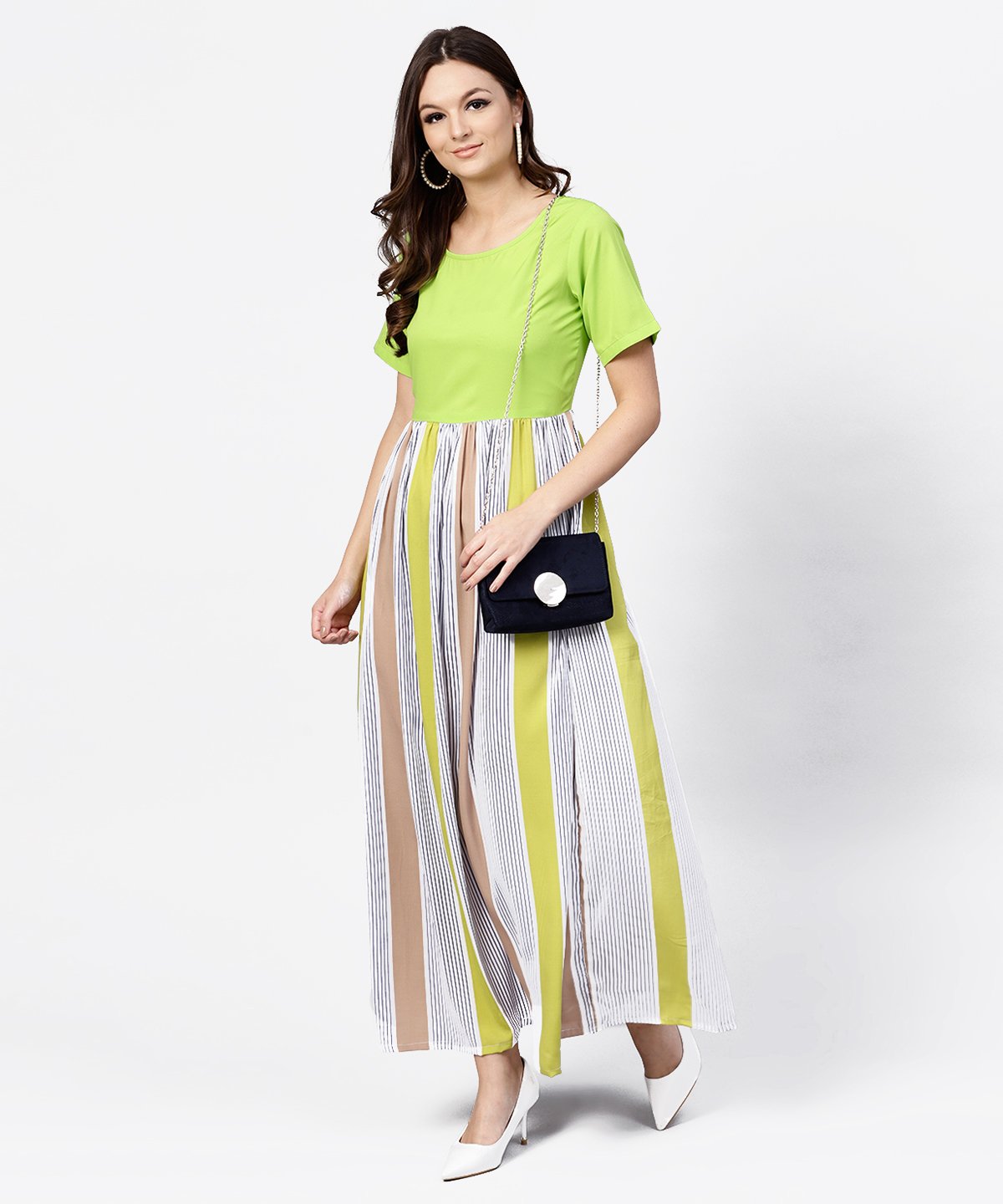 Green Colored Maxi Dress With Round Neck And Half Sleeves | LASVINI - Redefining Indian Fashion with Elegance