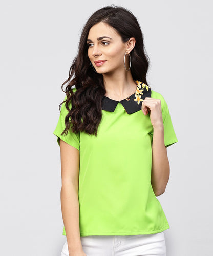 Parrot Green Top With Half Sleeves And Collar | LASVINI - Redefining Indian Fashion with Elegance