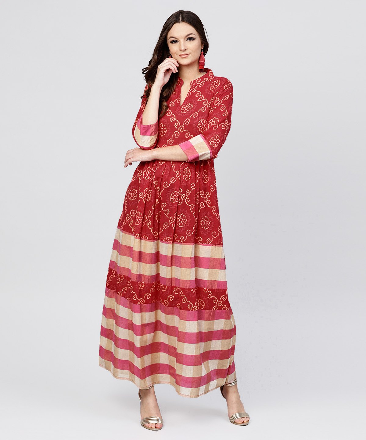 Red Printed Dress With Mandarin Collar And 3/4 Sleeves | LASVINI - Redefining Indian Fashion with Elegance