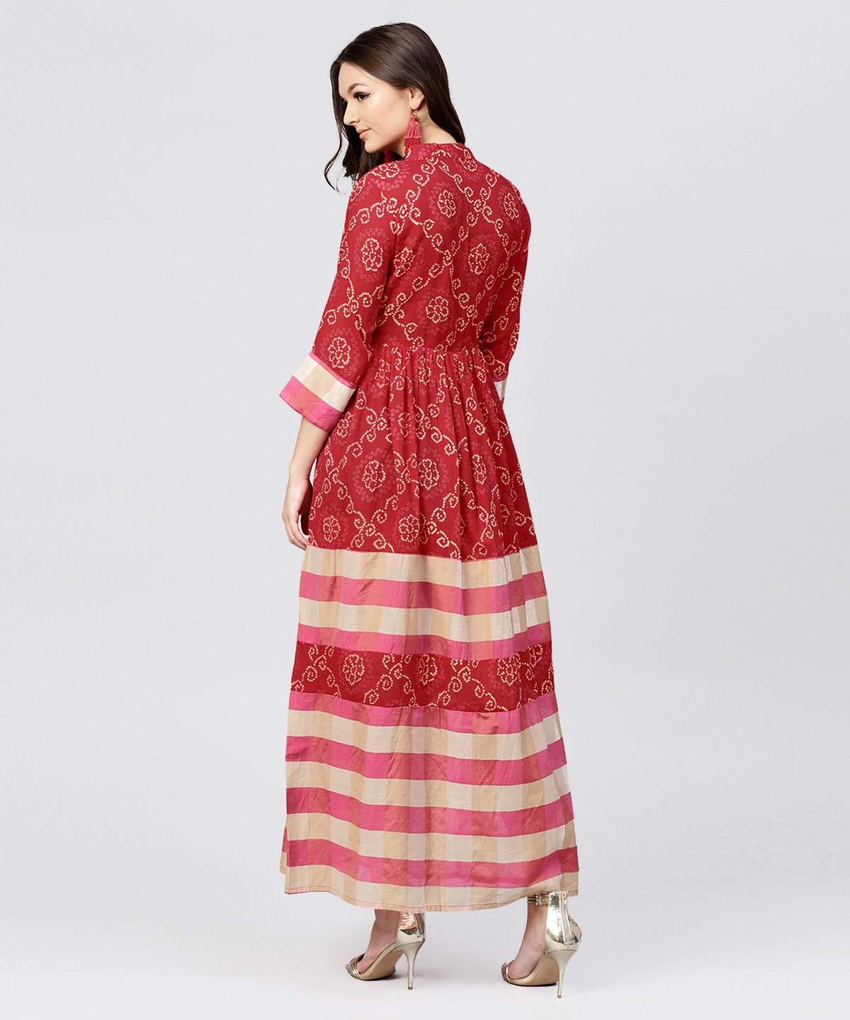 Red Printed Dress With Mandarin Collar And 3/4 Sleeves | LASVINI - Redefining Indian Fashion with Elegance