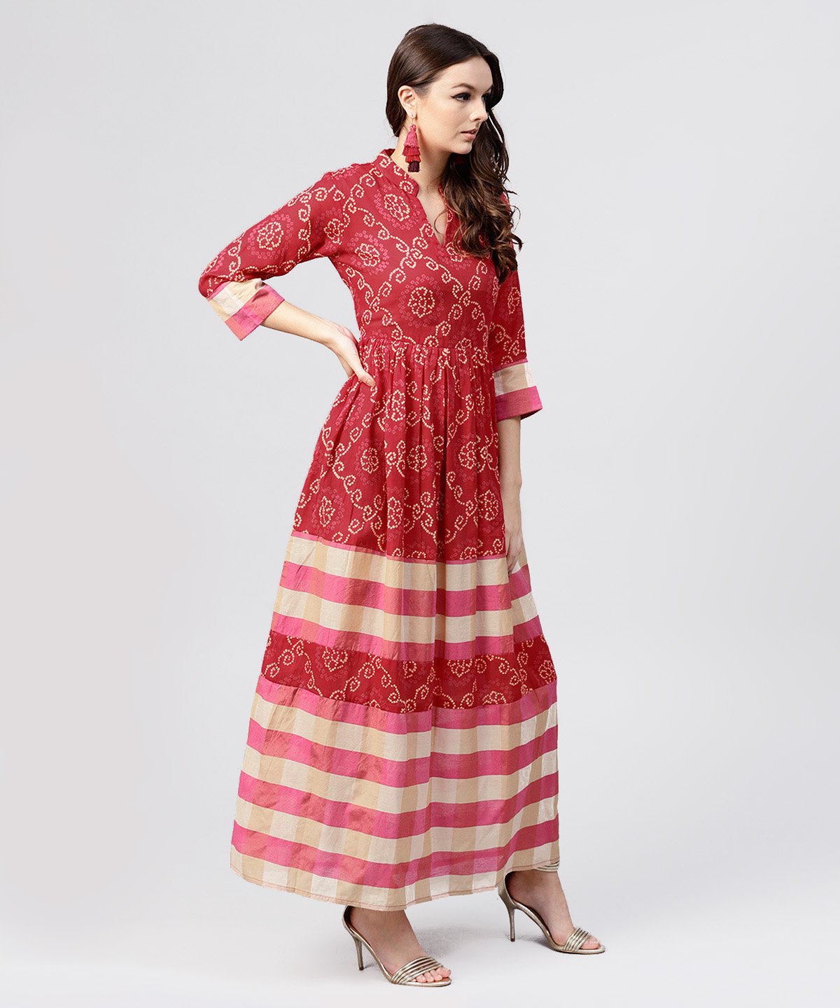 Red Printed Dress With Mandarin Collar And 3/4 Sleeves | LASVINI - Redefining Indian Fashion with Elegance
