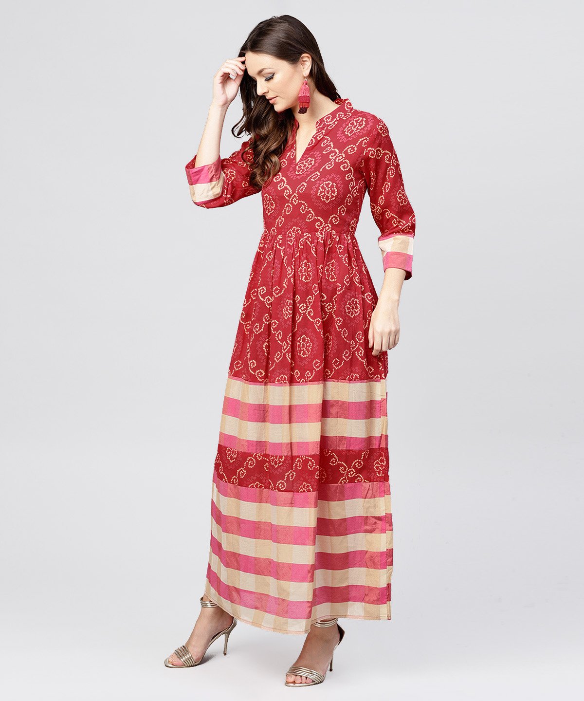 Red Printed Dress With Mandarin Collar And 3/4 Sleeves | LASVINI - Redefining Indian Fashion with Elegance