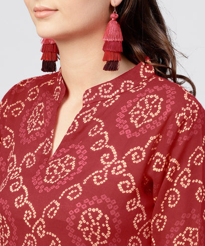 Red Printed Dress With Mandarin Collar And 3/4 Sleeves | LASVINI - Redefining Indian Fashion with Elegance