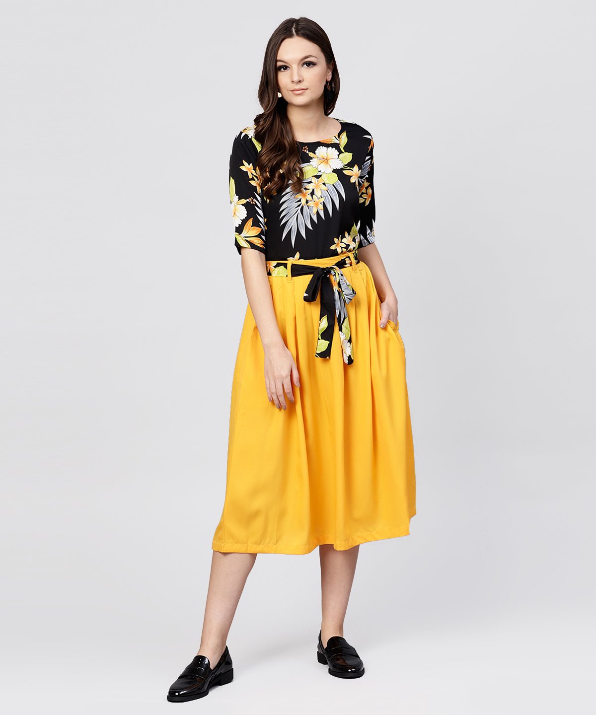 Black Printed Half Sleeve Tops With Yellow Calf Length Skirt With Belt | LASVINI - Redefining Indian Fashion with Elegance