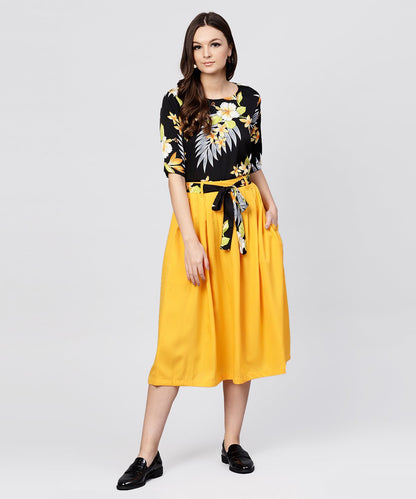 Black Printed Half Sleeve Tops With Yellow Calf Length Skirt With Belt | LASVINI - Redefining Indian Fashion with Elegance