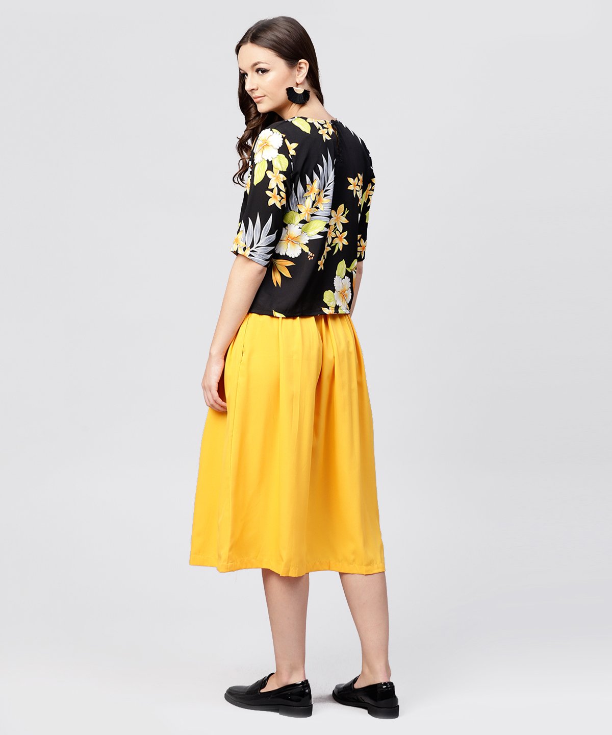 Black Printed Half Sleeve Tops With Yellow Calf Length Skirt With Belt | LASVINI - Redefining Indian Fashion with Elegance