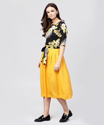 Black Printed Half Sleeve Tops With Yellow Calf Length Skirt With Belt | LASVINI - Redefining Indian Fashion with Elegance
