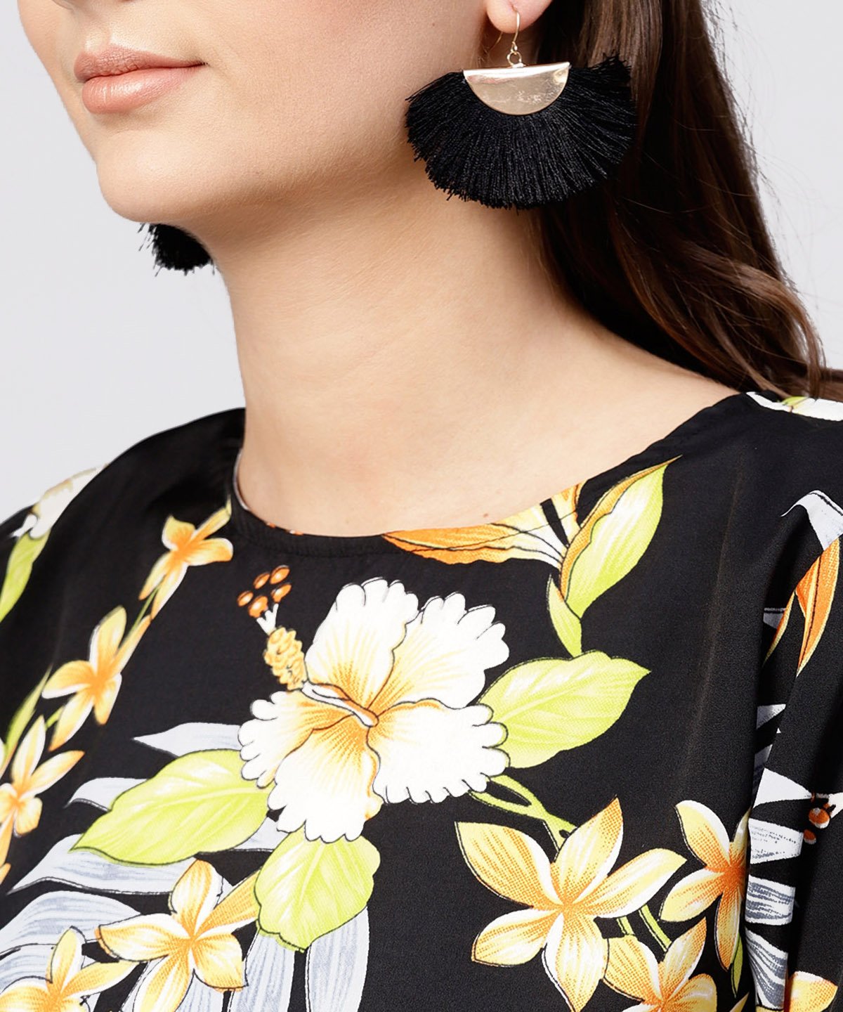 Black Printed Half Sleeve Tops With Yellow Calf Length Skirt With Belt | LASVINI - Redefining Indian Fashion with Elegance