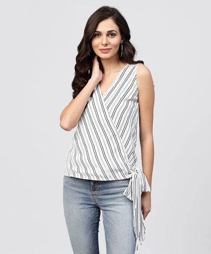White And Grey Striped Cotton Top With V-Neck | LASVINI - Redefining Indian Fashion with Elegance