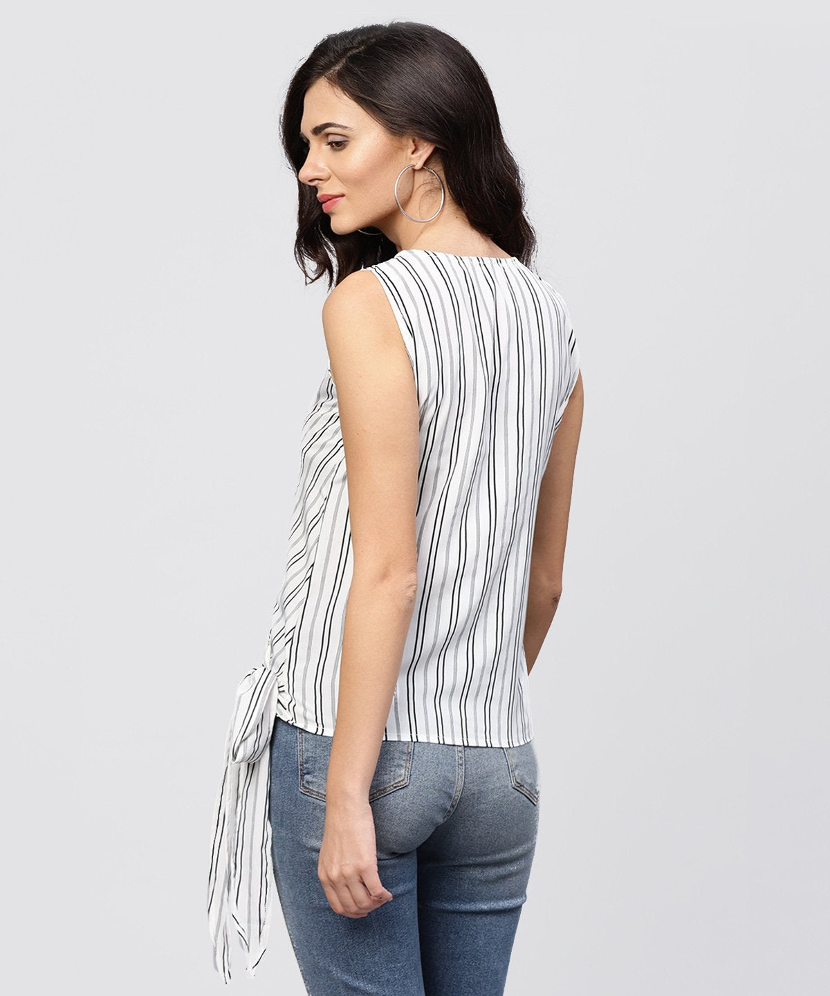 White And Grey Striped Cotton Top With V-Neck | LASVINI - Redefining Indian Fashion with Elegance