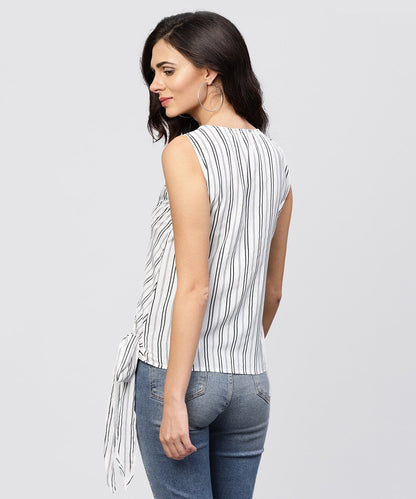 White And Grey Striped Cotton Top With V-Neck | LASVINI - Redefining Indian Fashion with Elegance