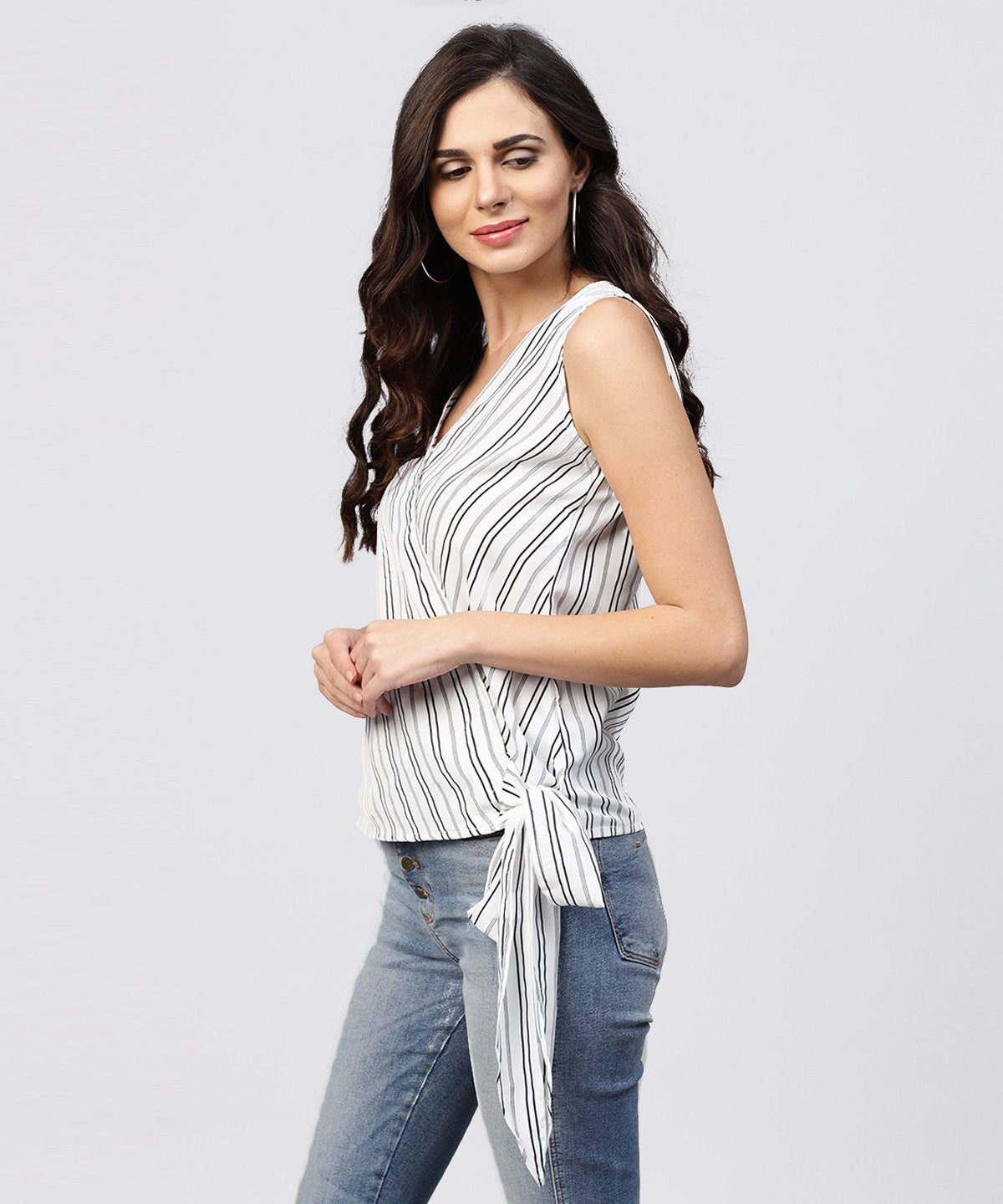 White And Grey Striped Cotton Top With V-Neck | LASVINI - Redefining Indian Fashion with Elegance