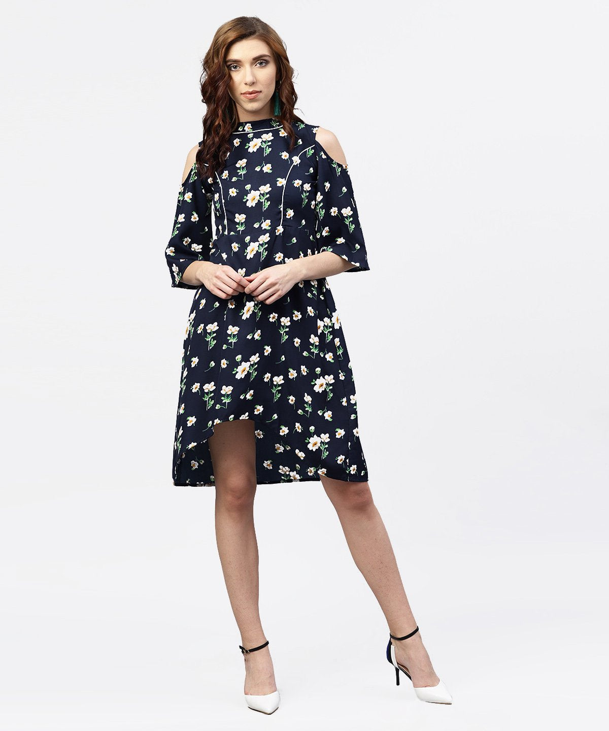 Navy Blue Printed Dress With Round Neck And Cold Shoulders Sleeves | LASVINI - Redefining Indian Fashion with Elegance