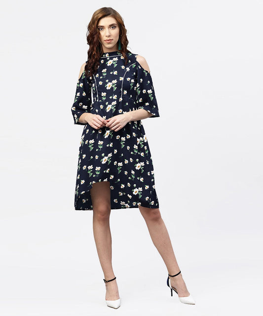 Navy Blue Printed Dress With Round Neck And Cold Shoulders Sleeves | LASVINI - Redefining Indian Fashion with Elegance
