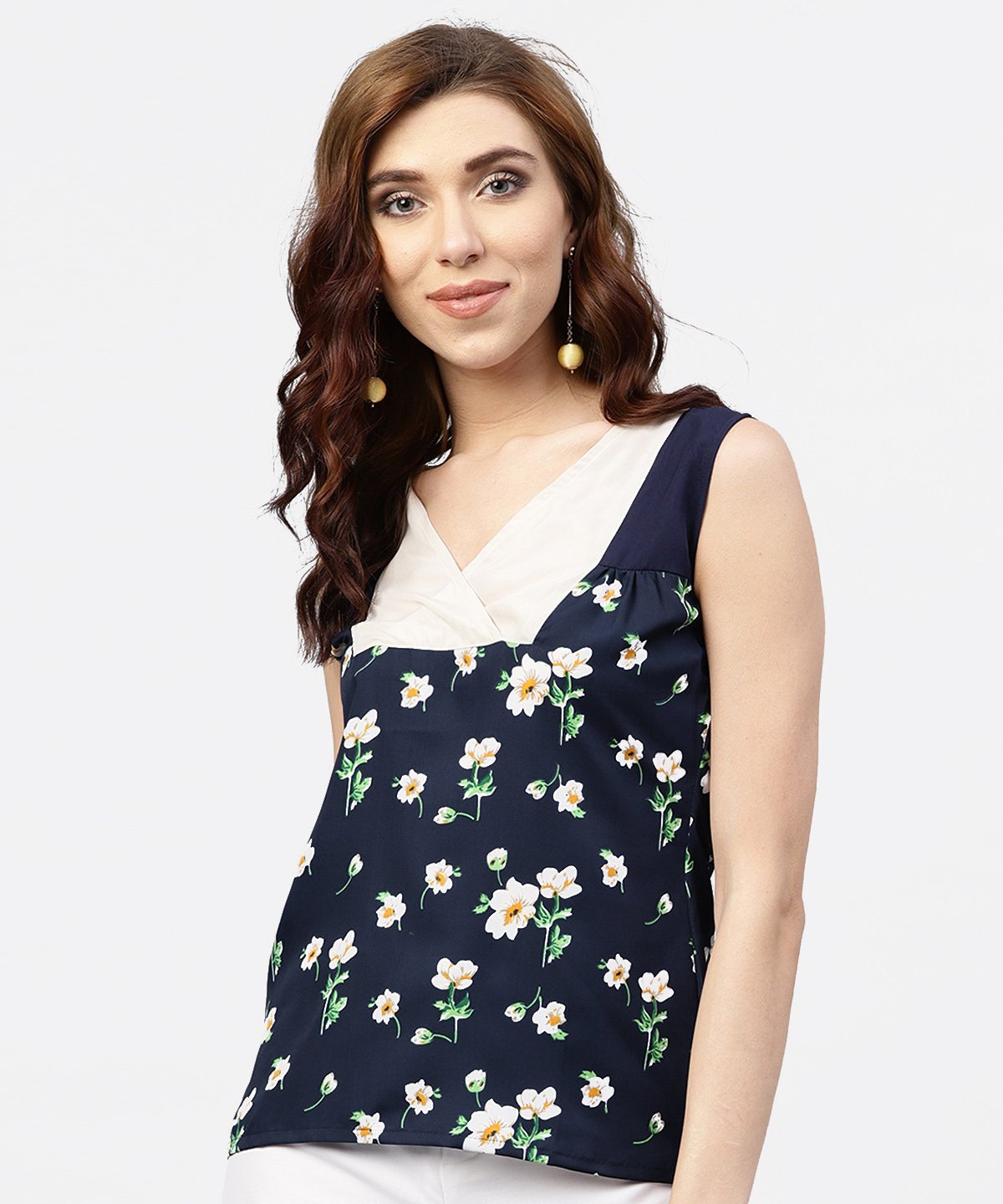 Navy Blue Floral  Printed Sleeveless  Top With Front Yoke And V-Neck | LASVINI - Redefining Indian Fashion with Elegance