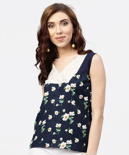 Navy Blue Floral  Printed Sleeveless  Top With Front Yoke And V-Neck | LASVINI - Redefining Indian Fashion with Elegance