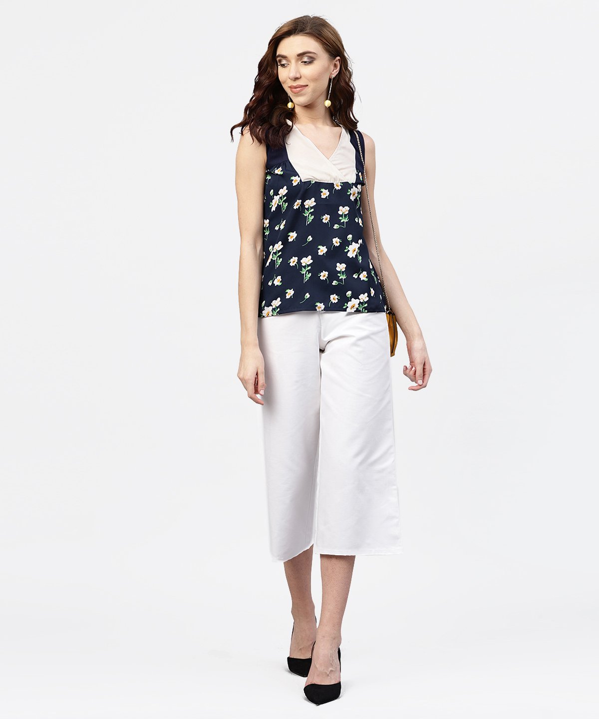 Navy Blue Floral  Printed Sleeveless  Top With Front Yoke And V-Neck | LASVINI - Redefining Indian Fashion with Elegance