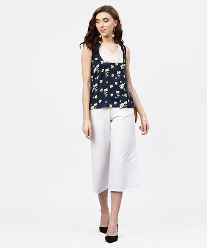 Navy Blue Floral  Printed Sleeveless  Top With Front Yoke And V-Neck | LASVINI - Redefining Indian Fashion with Elegance