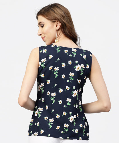 Navy Blue Floral  Printed Sleeveless  Top With Front Yoke And V-Neck | LASVINI - Redefining Indian Fashion with Elegance