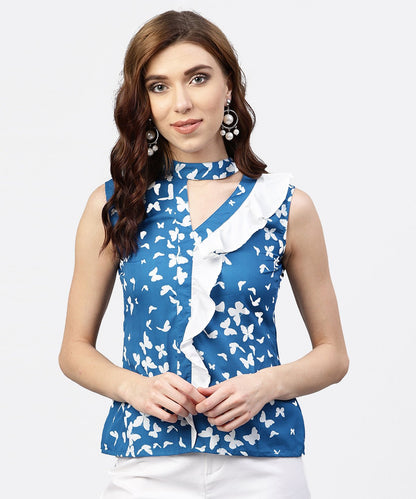 Blue Printed Top With Front Placket And Mandarin Collar | LASVINI - Redefining Indian Fashion with Elegance