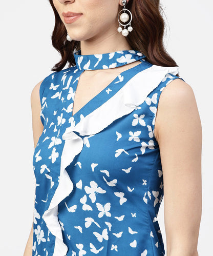 Blue Printed Top With Front Placket And Mandarin Collar | LASVINI - Redefining Indian Fashion with Elegance