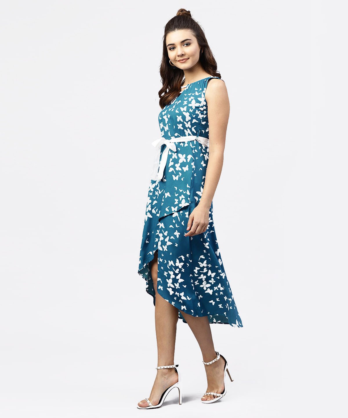 Blue Printed Sleeveless Asymmetric Dress With Gathered Round Neckline | LASVINI - Redefining Indian Fashion with Elegance