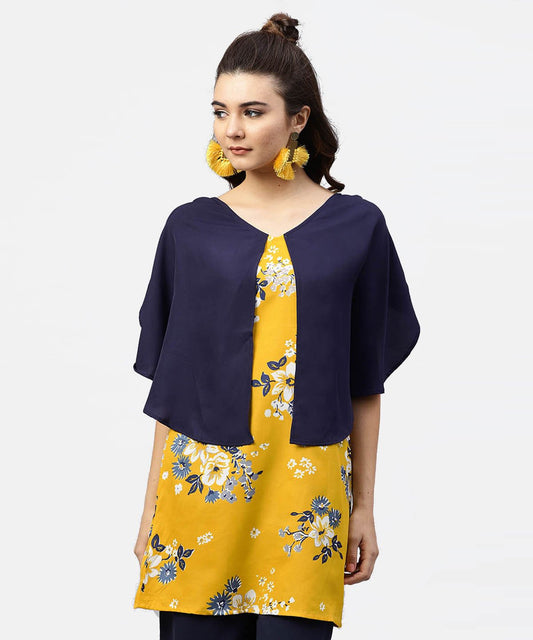 Yellow Printed Tunic With Attached Cape Sleeves And V-Neck | LASVINI - Redefining Indian Fashion with Elegance