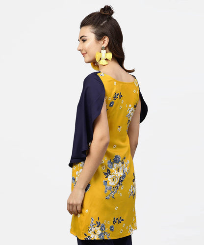 Yellow Printed Tunic With Attached Cape Sleeves And V-Neck | LASVINI - Redefining Indian Fashion with Elegance