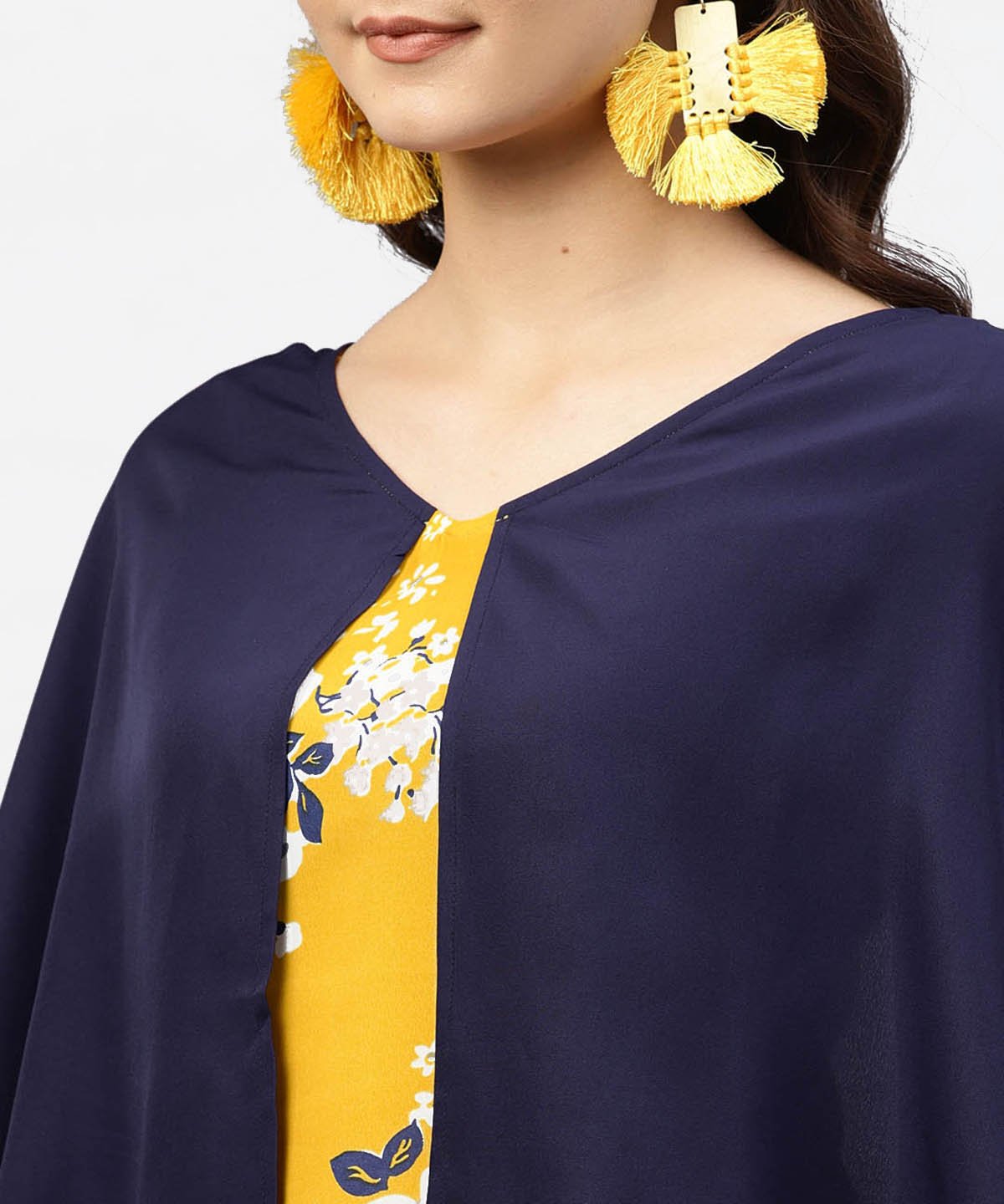 Yellow Printed Tunic With Attached Cape Sleeves And V-Neck | LASVINI - Redefining Indian Fashion with Elegance