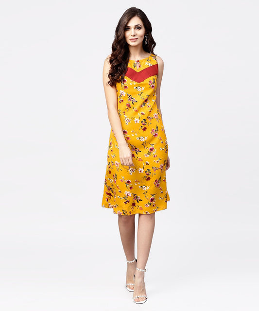 Mustard Floral Printed Sleeveless Dress With Key Hole Neck | LASVINI - Redefining Indian Fashion with Elegance