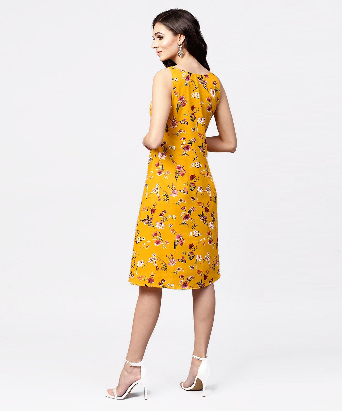 Mustard Floral Printed Sleeveless Dress With Key Hole Neck | LASVINI - Redefining Indian Fashion with Elegance