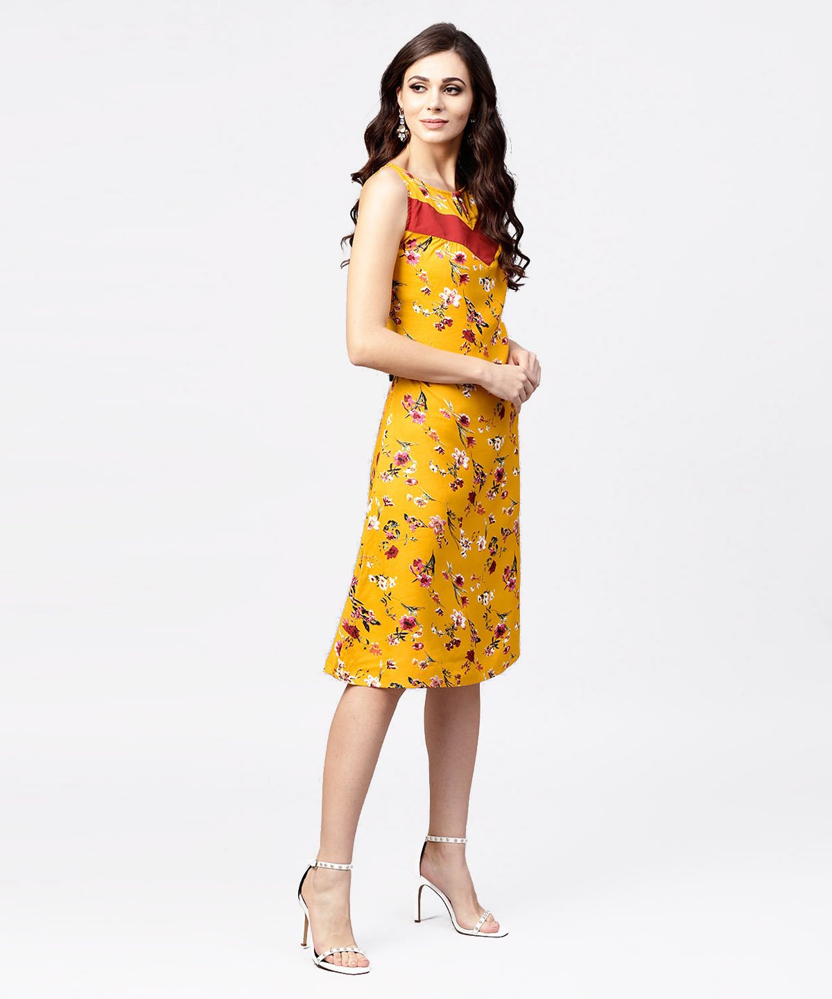Mustard Floral Printed Sleeveless Dress With Key Hole Neck | LASVINI - Redefining Indian Fashion with Elegance