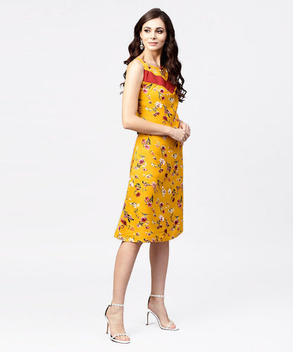 Mustard Floral Printed Sleeveless Dress With Key Hole Neck | LASVINI - Redefining Indian Fashion with Elegance