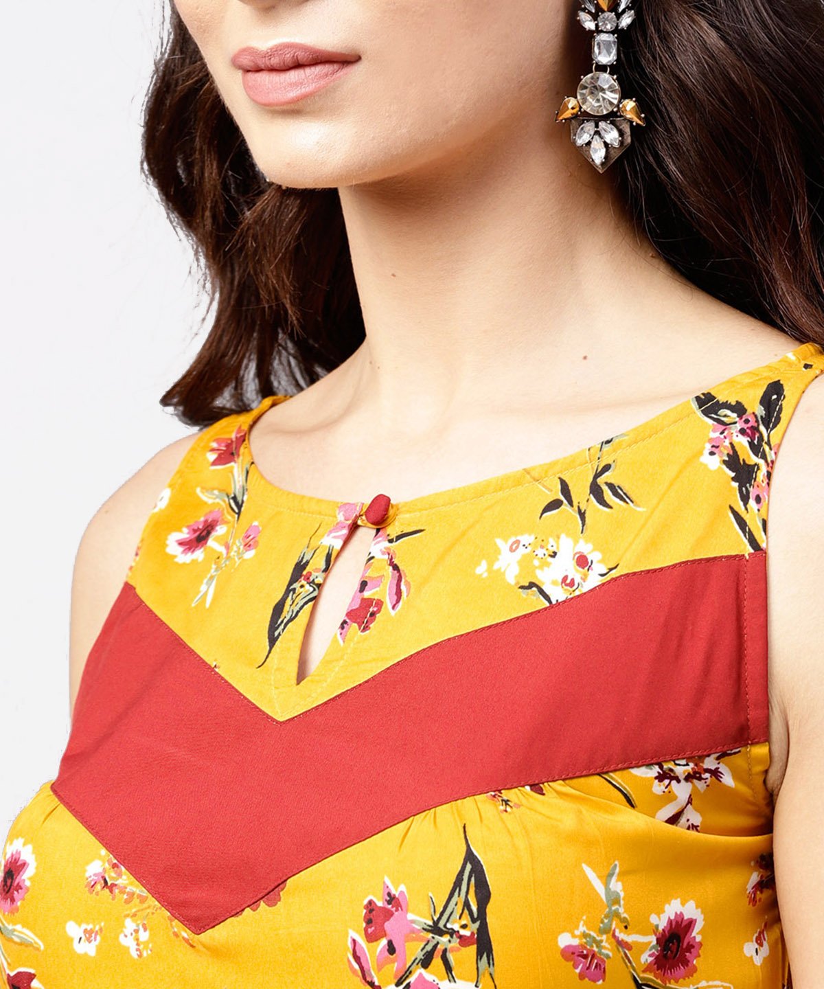 Mustard Floral Printed Sleeveless Dress With Key Hole Neck | LASVINI - Redefining Indian Fashion with Elegance