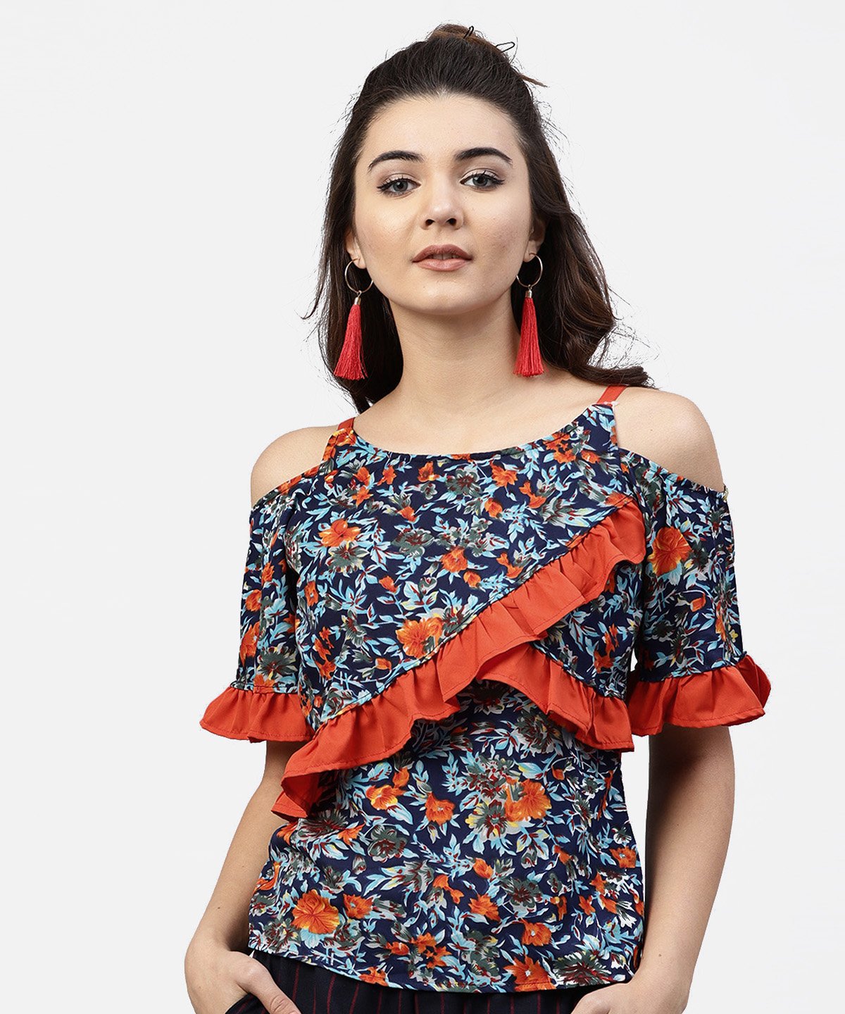 Blue Floral Printed Top With Round Neck And Cold Shoulders | LASVINI - Redefining Indian Fashion with Elegance