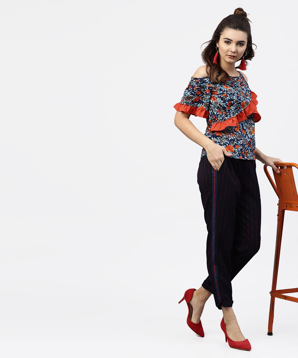 Blue Floral Printed Top With Round Neck And Cold Shoulders | LASVINI - Redefining Indian Fashion with Elegance