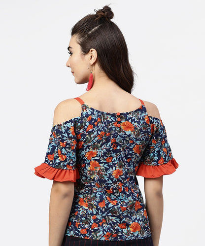 Blue Floral Printed Top With Round Neck And Cold Shoulders | LASVINI - Redefining Indian Fashion with Elegance