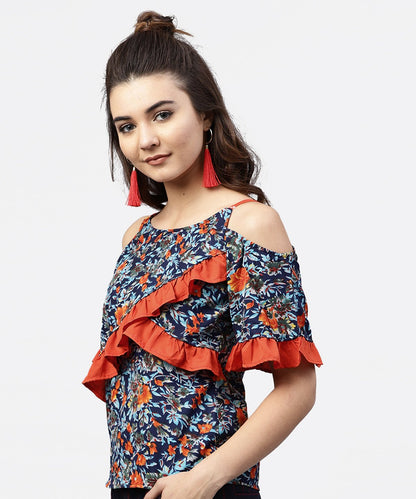 Blue Floral Printed Top With Round Neck And Cold Shoulders | LASVINI - Redefining Indian Fashion with Elegance