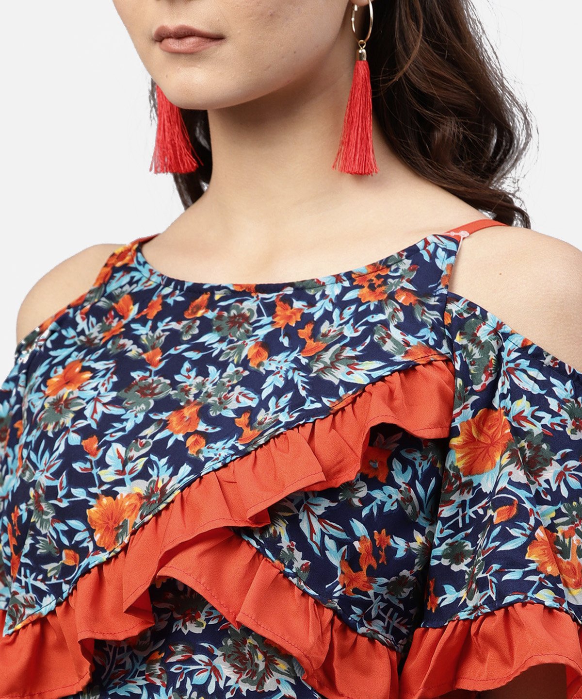 Blue Floral Printed Top With Round Neck And Cold Shoulders | LASVINI - Redefining Indian Fashion with Elegance