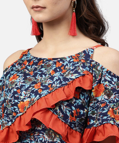 Blue Floral Printed Top With Round Neck And Cold Shoulders | LASVINI - Redefining Indian Fashion with Elegance